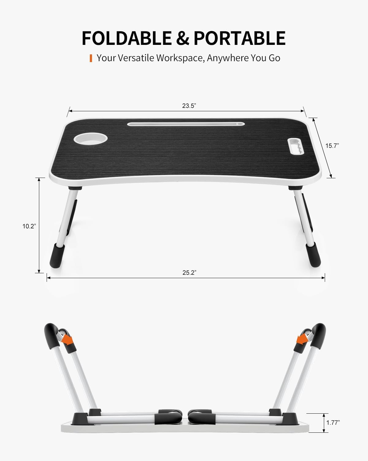 Foldable Laptop Table, Portable Lap Desk Bed Table Tray, Laptop Stand with Cup Holder & Tablet Slot & Lifting Handle for Working Writing Drawing & Eating (Black)