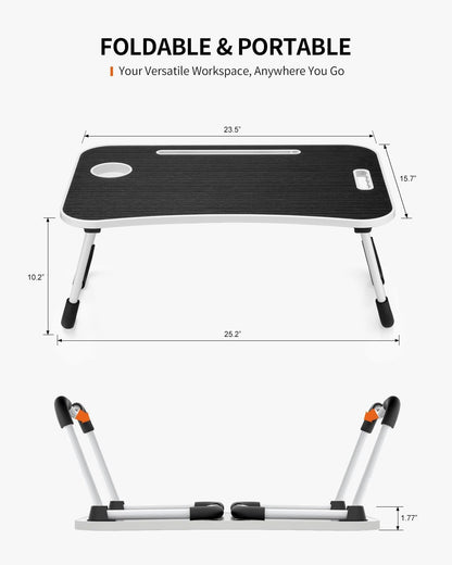 Foldable Laptop Table, Portable Lap Desk Bed Table Tray, Laptop Stand with Cup Holder & Tablet Slot & Lifting Handle for Working Writing Drawing & Eating (Black)