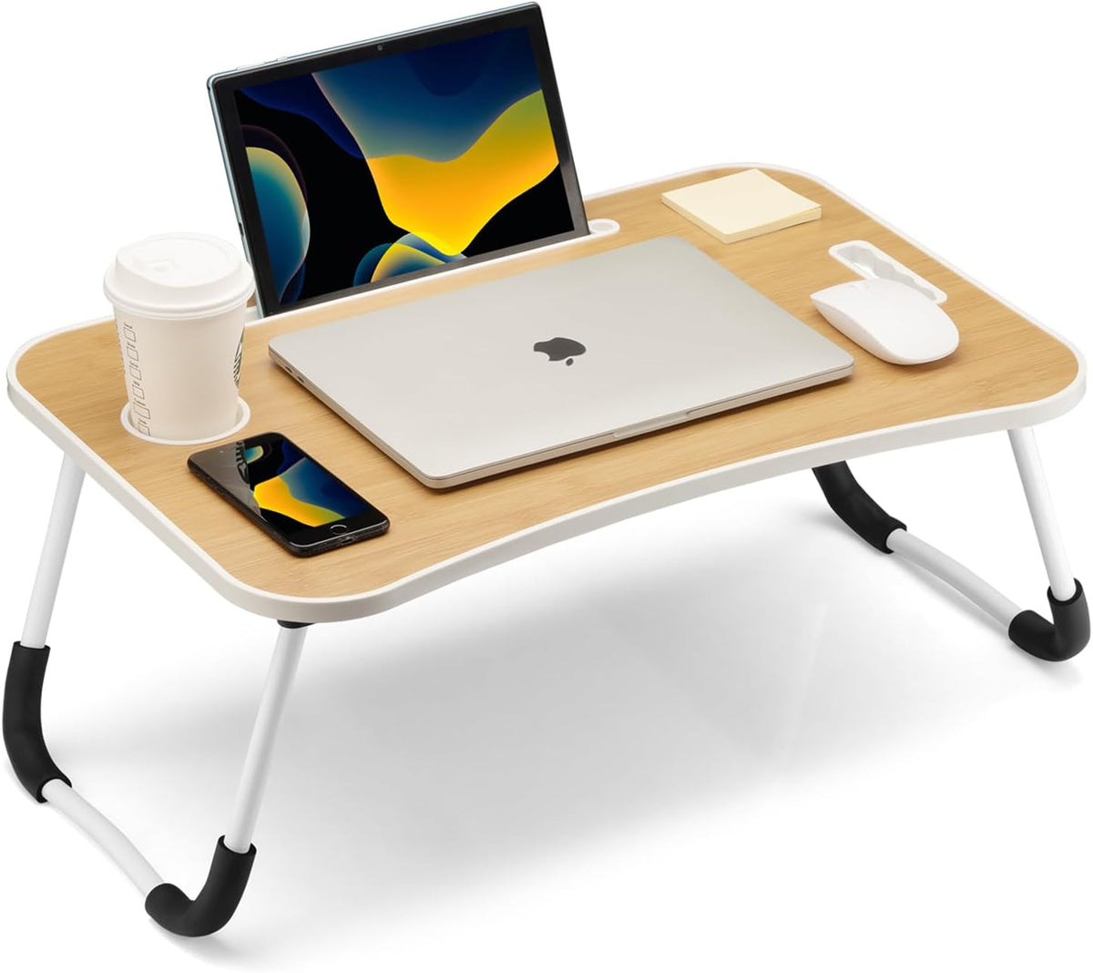 Foldable Laptop Table, Portable Lap Desk Bed Table Tray, Laptop Stand with Cup Holder & Tablet Slot & Lifting Handle for Working Writing Drawing & Eating (Black)