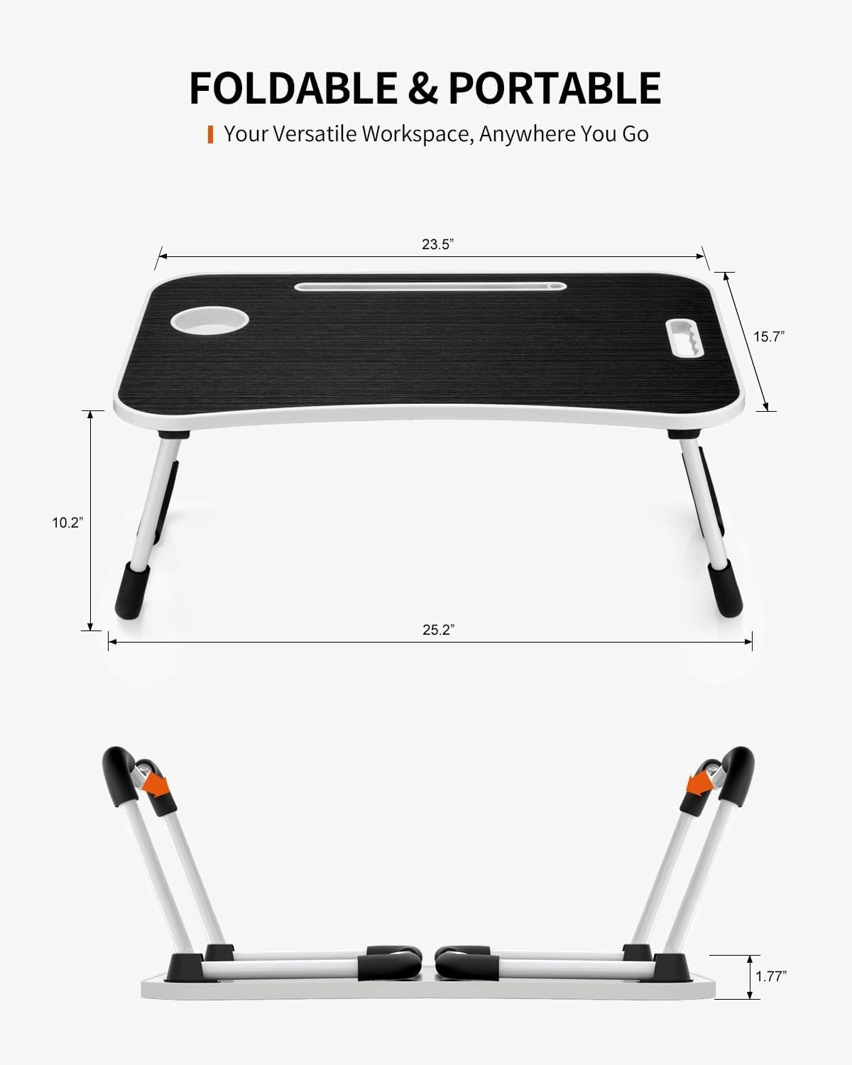 Foldable Laptop Table, Portable Lap Desk Bed Table Tray, Laptop Stand with Cup Holder & Tablet Slot & Lifting Handle for Working Writing Drawing & Eating (Black)