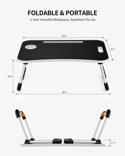 Foldable Laptop Table, Portable Lap Desk Bed Table Tray, Laptop Stand with Cup Holder & Tablet Slot & Lifting Handle for Working Writing Drawing & Eating (Black)