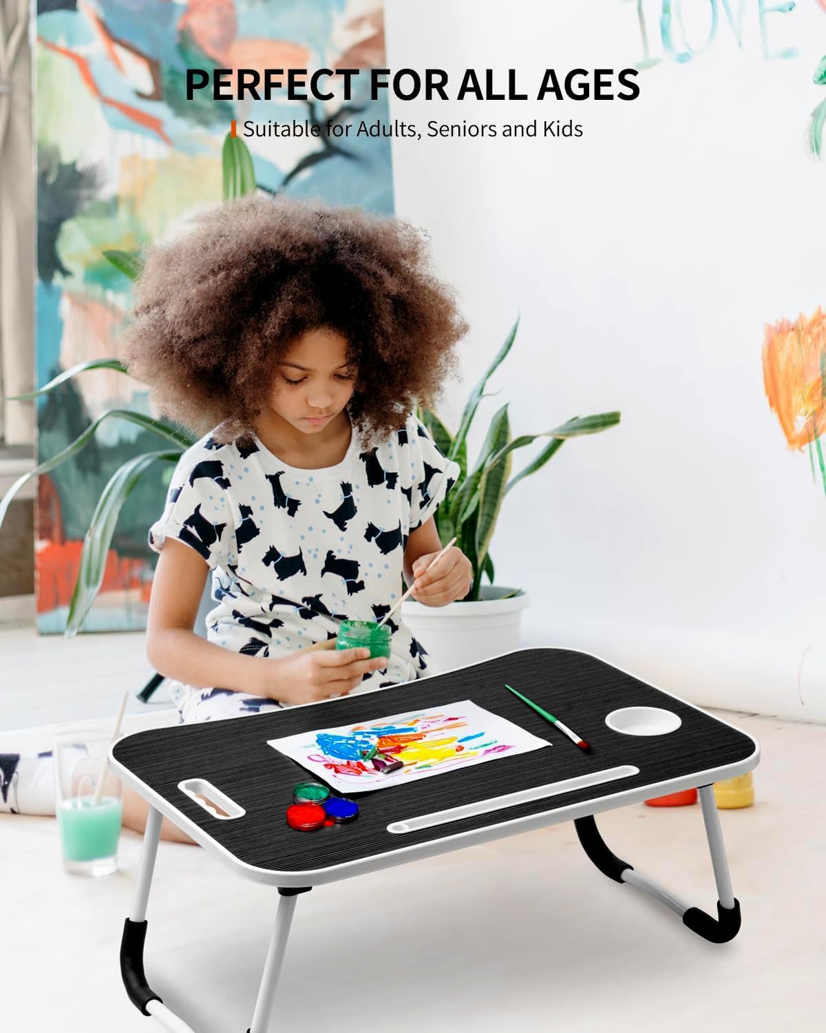 Foldable Laptop Table, Portable Lap Desk Bed Table Tray, Laptop Stand with Cup Holder & Tablet Slot & Lifting Handle for Working Writing Drawing & Eating (Black)
