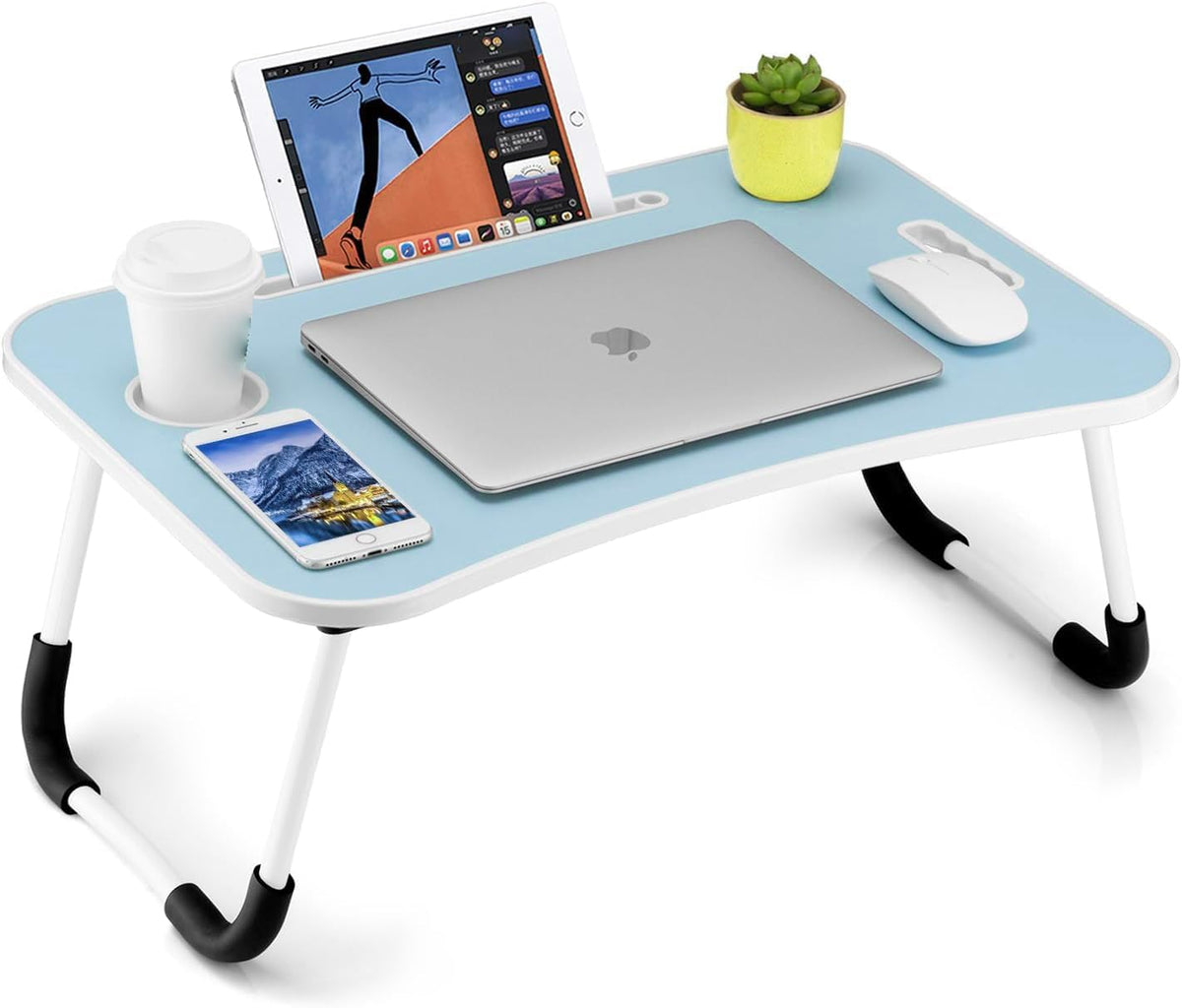 Foldable Laptop Table, Portable Lap Desk Bed Table Tray, Laptop Stand with Cup Holder & Tablet Slot & Lifting Handle for Working Writing Drawing & Eating (Black)