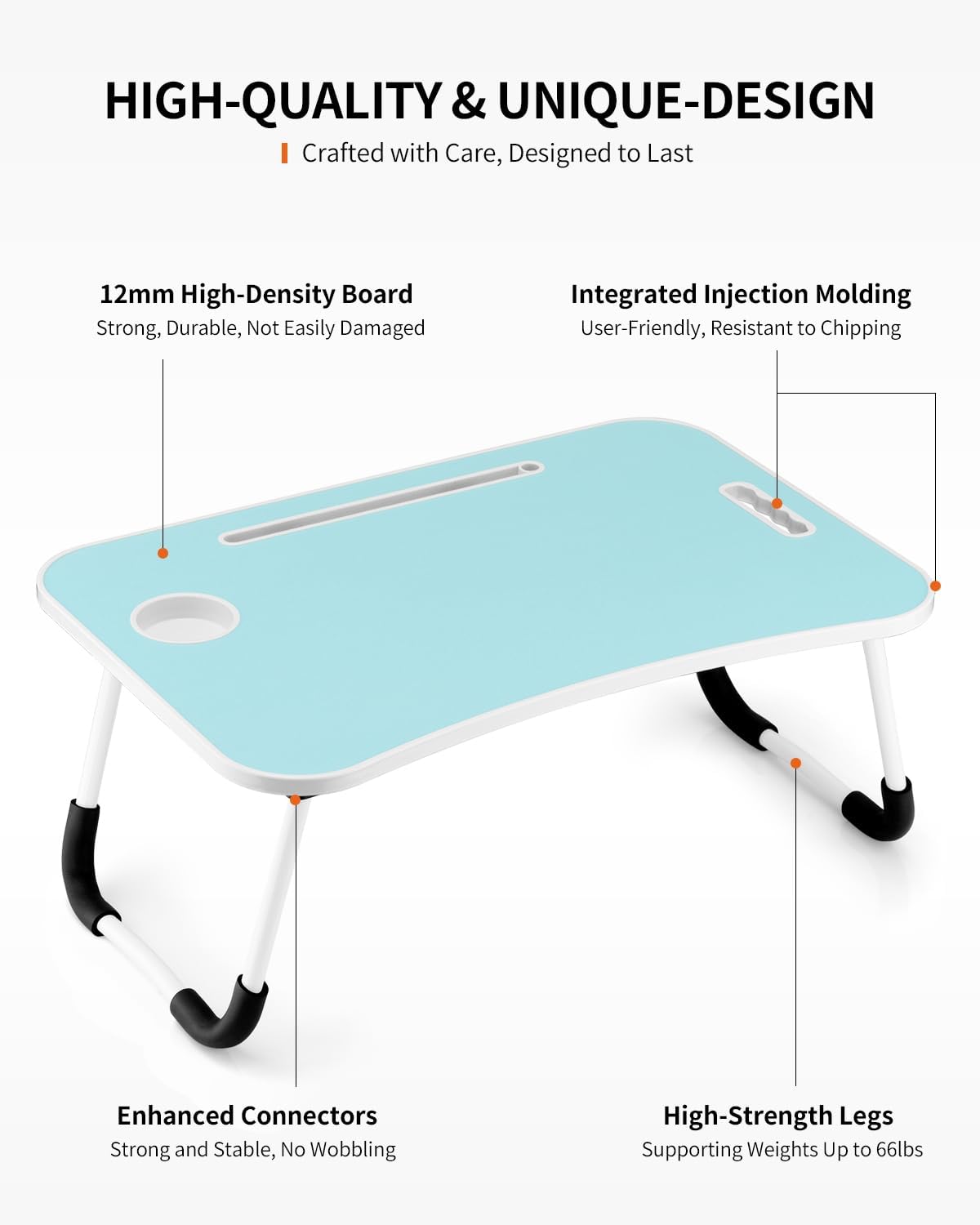Foldable Laptop Table, Portable Lap Desk Bed Table Tray, Laptop Stand with Cup Holder & Tablet Slot & Lifting Handle for Working Writing Drawing & Eating (Black)