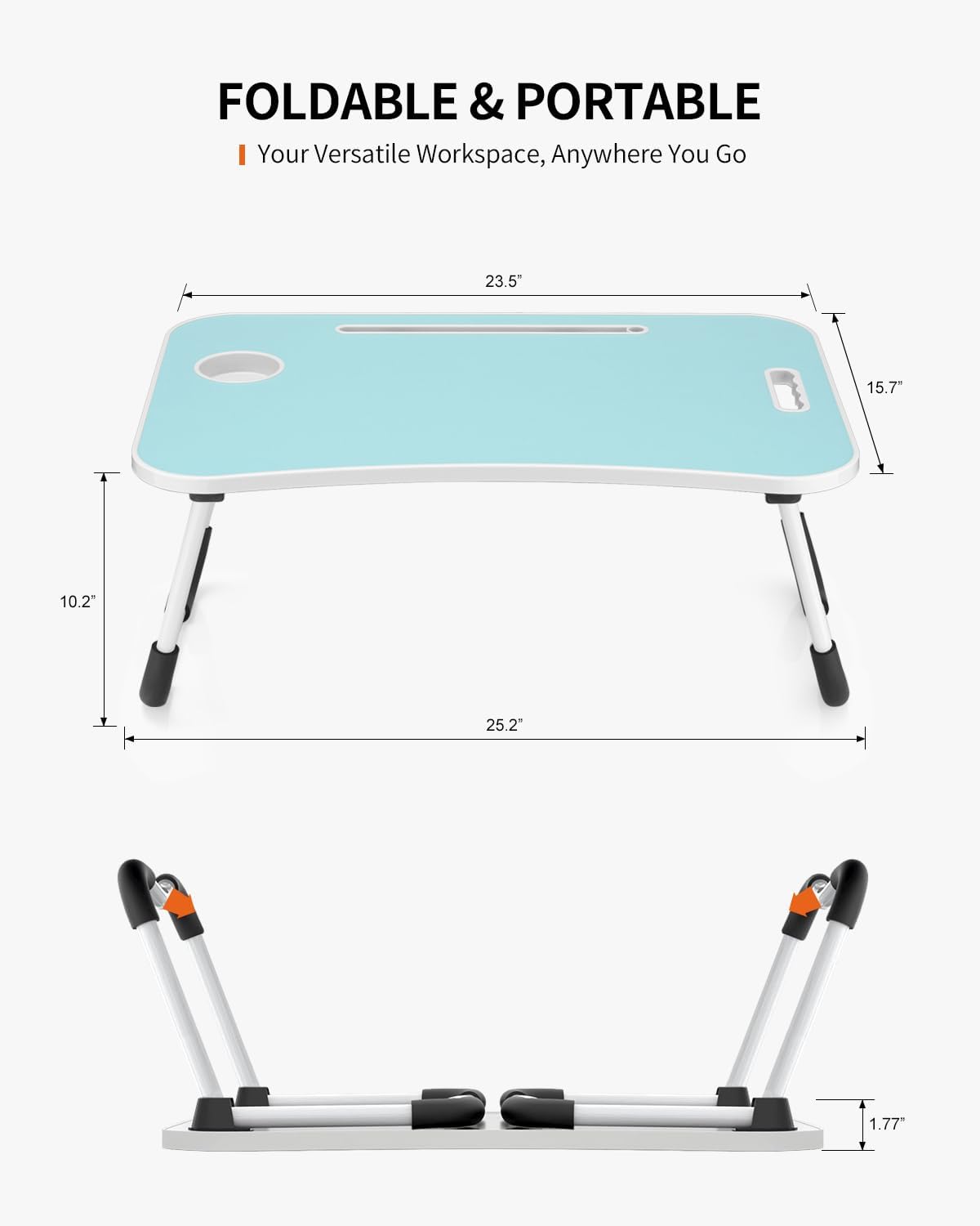 Foldable Laptop Table, Portable Lap Desk Bed Table Tray, Laptop Stand with Cup Holder & Tablet Slot & Lifting Handle for Working Writing Drawing & Eating (Black)