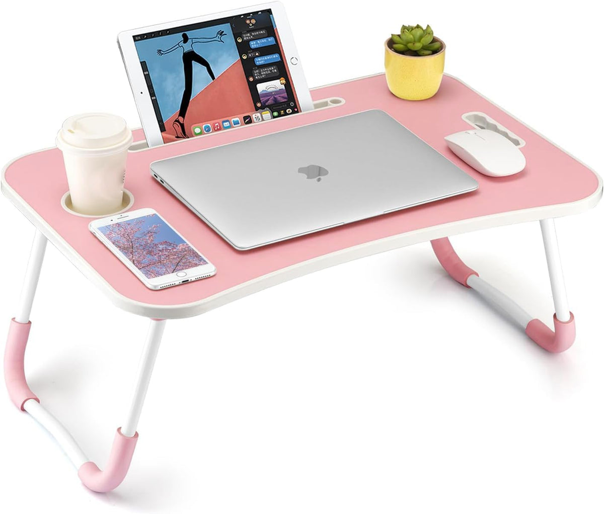 Foldable Laptop Table, Portable Lap Desk Bed Table Tray, Laptop Stand with Cup Holder & Tablet Slot & Lifting Handle for Working Writing Drawing & Eating (Black)
