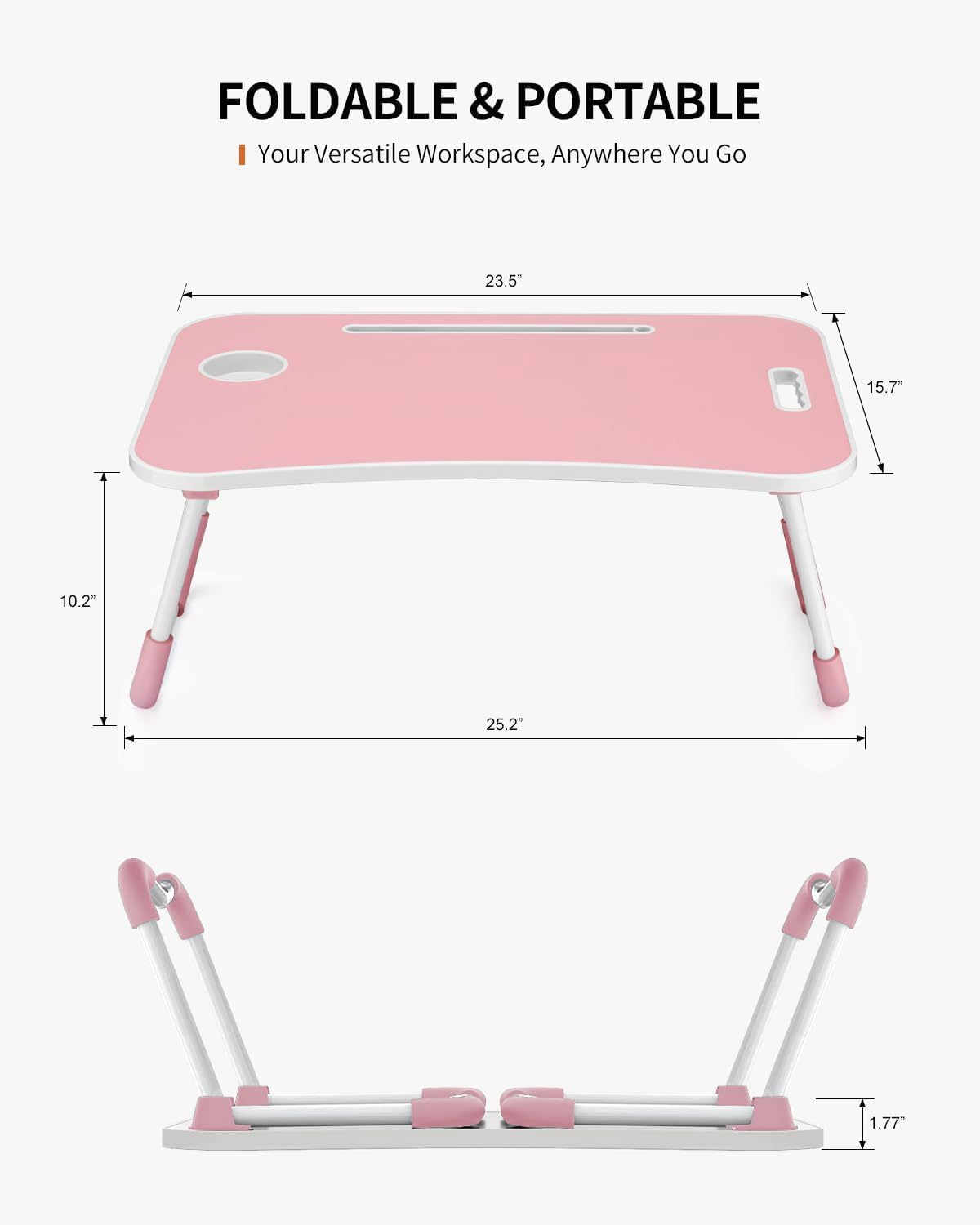 Foldable Laptop Table, Portable Lap Desk Bed Table Tray, Laptop Stand with Cup Holder & Tablet Slot & Lifting Handle for Working Writing Drawing & Eating (Black)