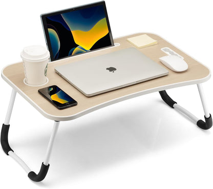 Foldable Laptop Table, Portable Lap Desk Bed Table Tray, Laptop Stand with Cup Holder & Tablet Slot & Lifting Handle for Working Writing Drawing & Eating (Black)