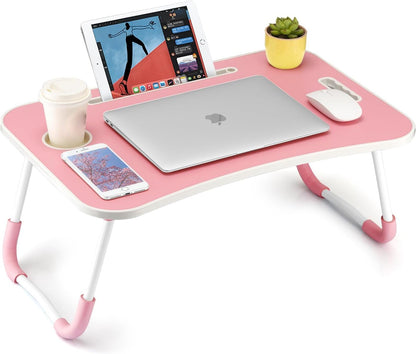 Foldable Laptop Table, Portable Lap Desk Bed Table Tray, Laptop Stand with Cup Holder & Tablet Slot & Lifting Handle for Working Writing Drawing & Eating (Black)