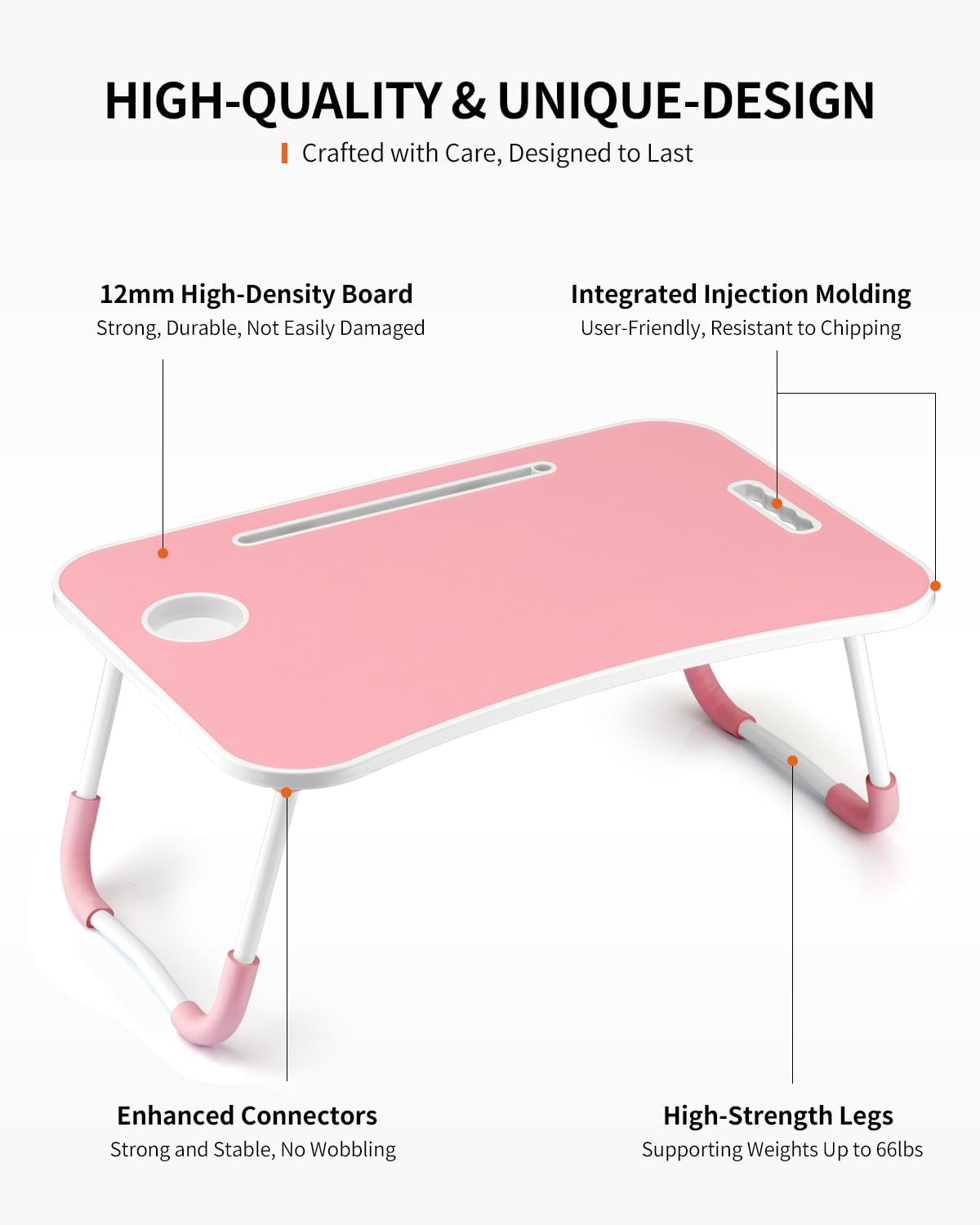 Foldable Laptop Table, Portable Lap Desk Bed Table Tray, Laptop Stand with Cup Holder & Tablet Slot & Lifting Handle for Working Writing Drawing & Eating (Black)