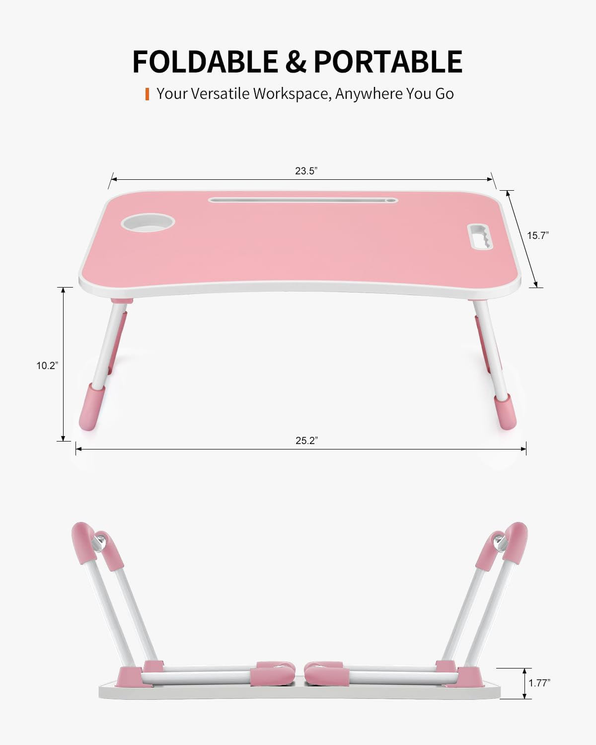 Foldable Laptop Table, Portable Lap Desk Bed Table Tray, Laptop Stand with Cup Holder & Tablet Slot & Lifting Handle for Working Writing Drawing & Eating (Black)