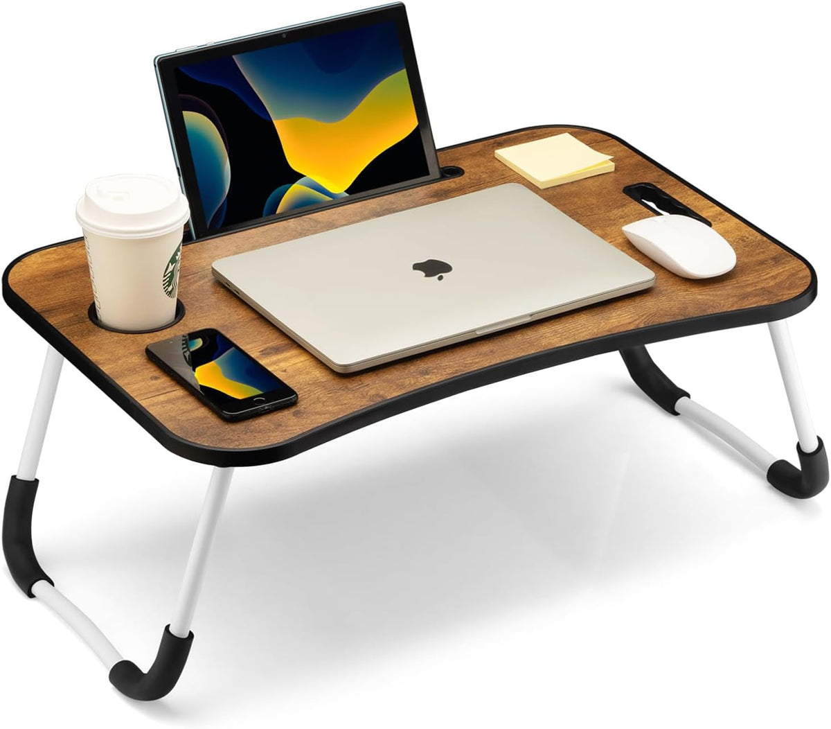 Foldable Laptop Table, Portable Lap Desk Bed Table Tray, Laptop Stand with Cup Holder & Tablet Slot & Lifting Handle for Working Writing Drawing & Eating (Black)