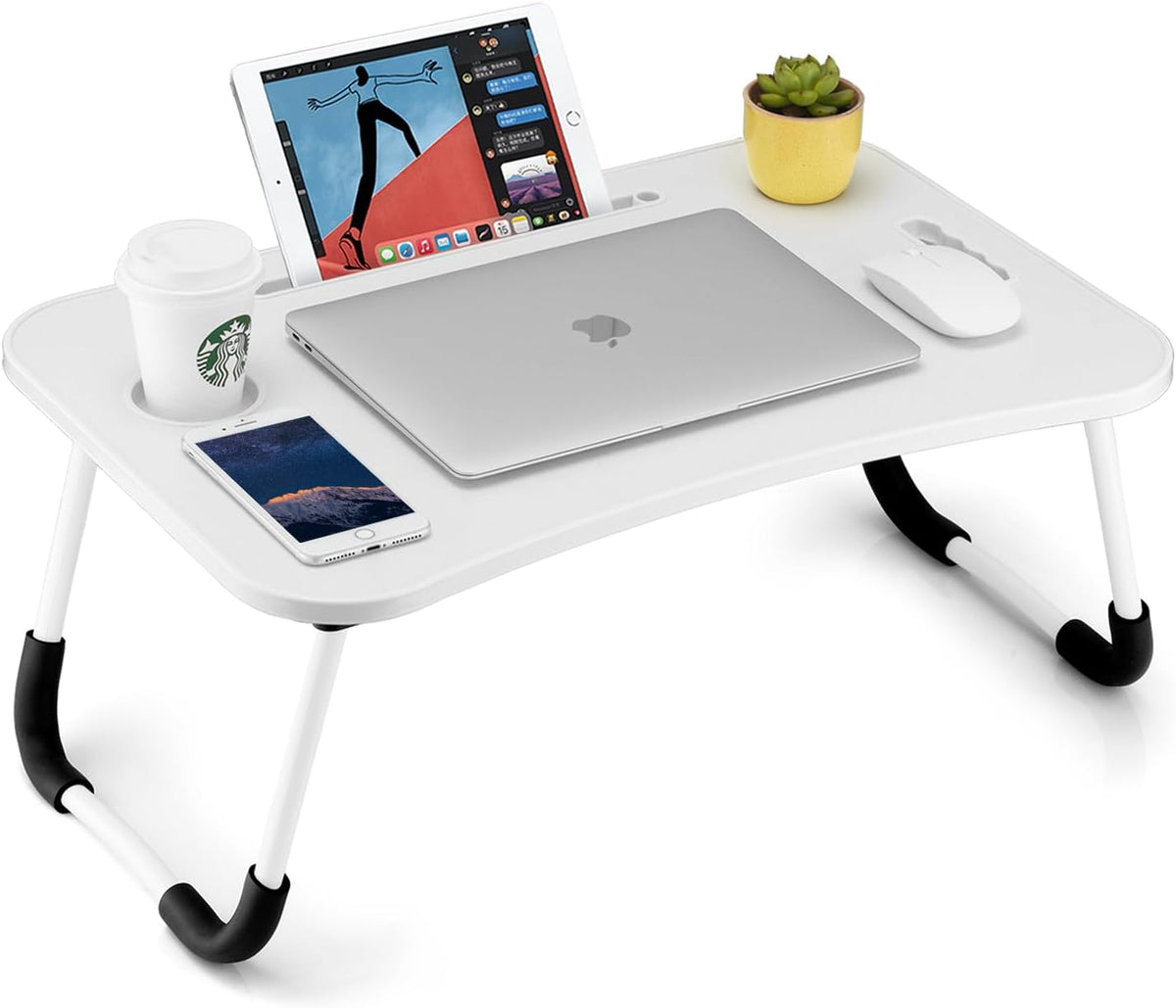 Foldable Laptop Table, Portable Lap Desk Bed Table Tray, Laptop Stand with Cup Holder & Tablet Slot & Lifting Handle for Working Writing Drawing & Eating (Black)