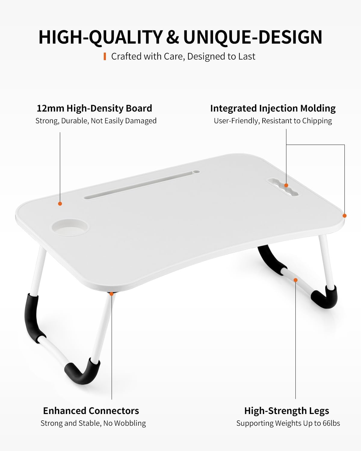 Foldable Laptop Table, Portable Lap Desk Bed Table Tray, Laptop Stand with Cup Holder & Tablet Slot & Lifting Handle for Working Writing Drawing & Eating (Black)