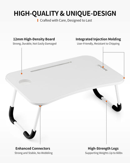 Foldable Laptop Table, Portable Lap Desk Bed Table Tray, Laptop Stand with Cup Holder & Tablet Slot & Lifting Handle for Working Writing Drawing & Eating (Black)