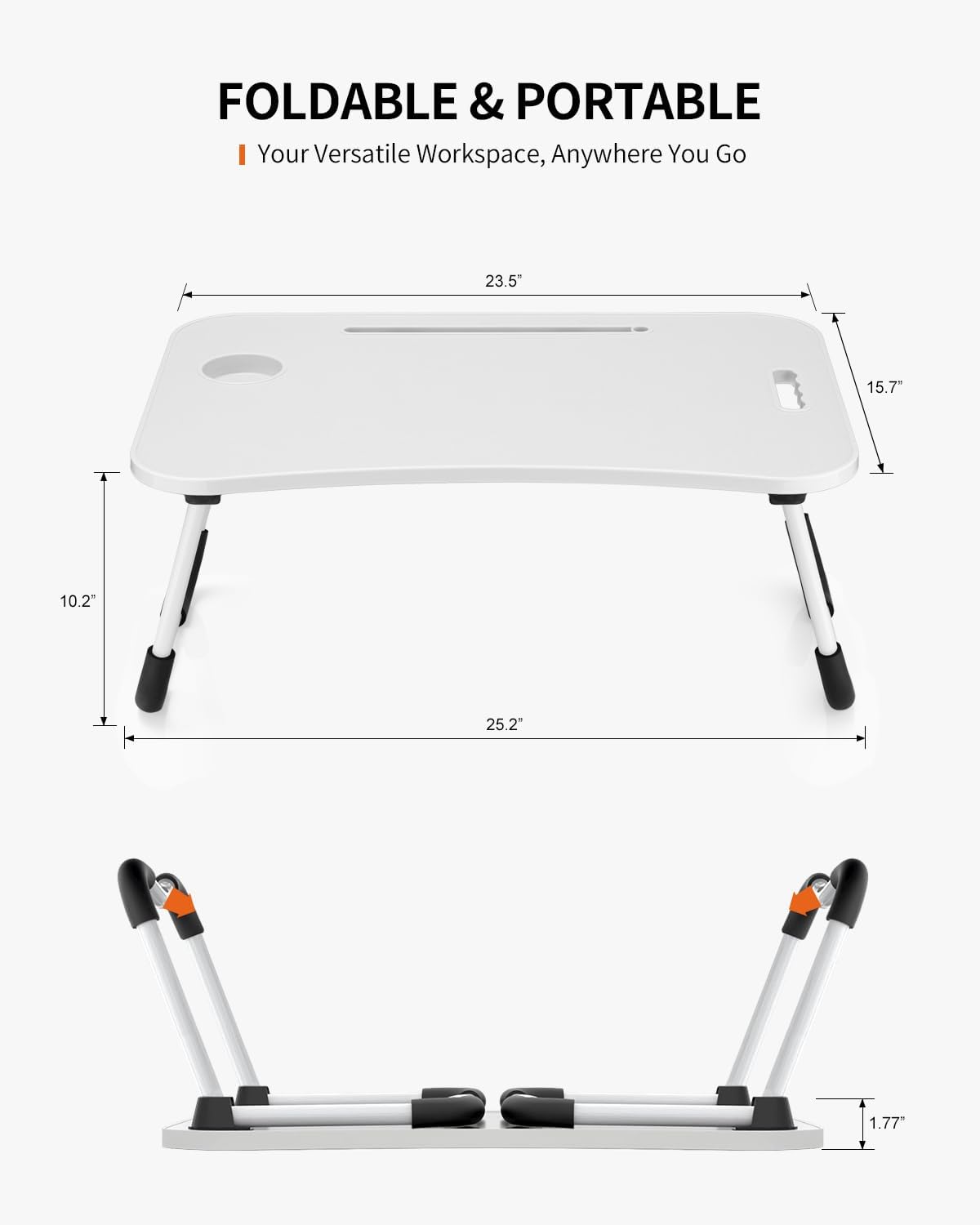 Foldable Laptop Table, Portable Lap Desk Bed Table Tray, Laptop Stand with Cup Holder & Tablet Slot & Lifting Handle for Working Writing Drawing & Eating (Black)