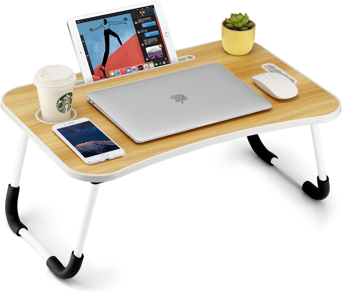 Foldable Laptop Table, Portable Lap Desk Bed Table Tray, Laptop Stand with Cup Holder & Tablet Slot & Lifting Handle for Working Writing Drawing & Eating (Black)