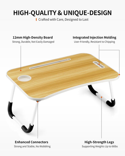 Foldable Laptop Table, Portable Lap Desk Bed Table Tray, Laptop Stand with Cup Holder & Tablet Slot & Lifting Handle for Working Writing Drawing & Eating (Black)