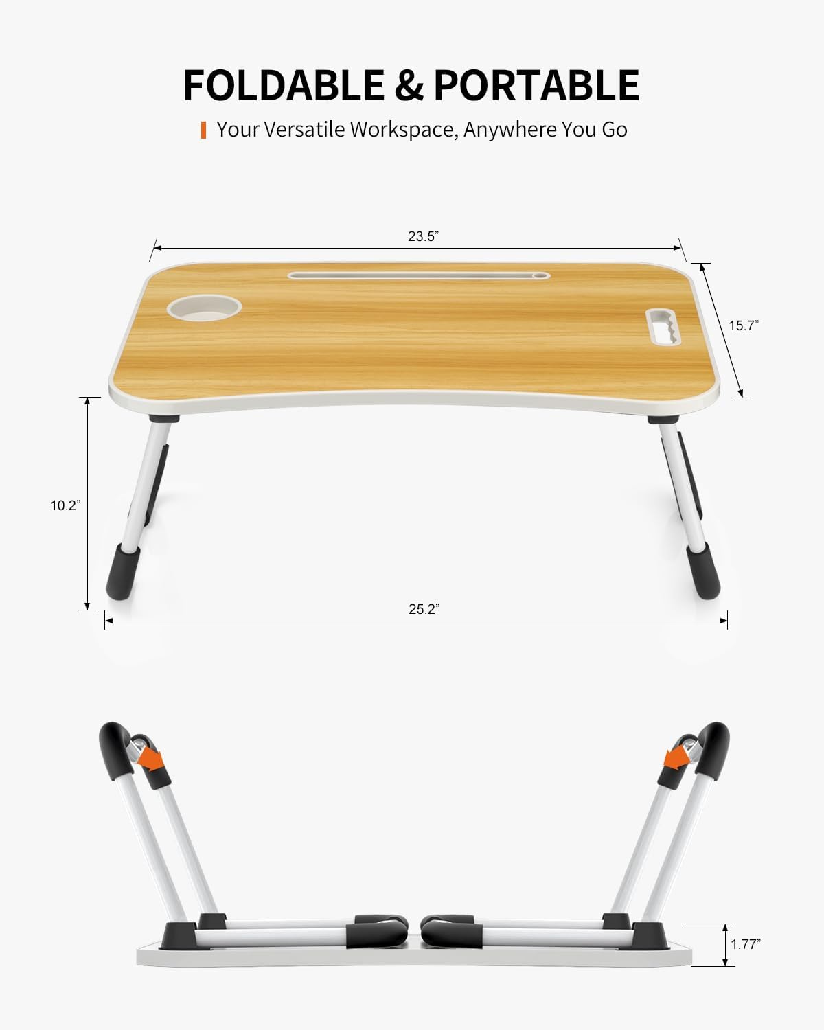 Foldable Laptop Table, Portable Lap Desk Bed Table Tray, Laptop Stand with Cup Holder & Tablet Slot & Lifting Handle for Working Writing Drawing & Eating (Black)