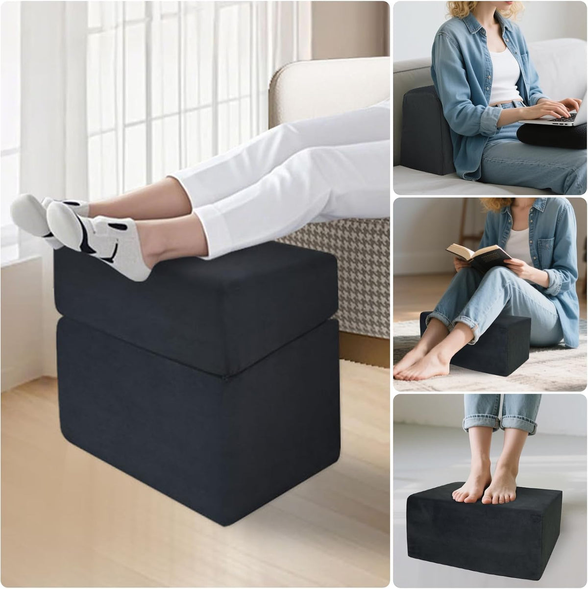 Adjustable Foot Rest for Under Desk At Work - 3-in-1 Ergonomic Foot Stool with Zipper Connection, 6.3"/11.8"/16" Height Adjustable for Office, Home & Gaming (Black)
