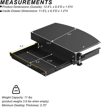 Clamp on Desk Corner Sleeve with Drawer, L Desk Connector Platform with Mounting Under Desk Drawer Hanging Corner Desk for Extender Desk Space