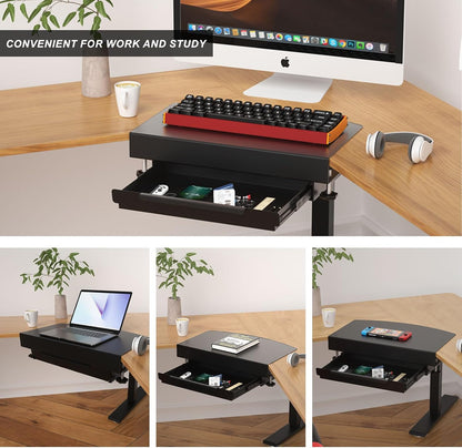 Clamp on Desk Corner Sleeve with Drawer, L Desk Connector Platform with Mounting Under Desk Drawer Hanging Corner Desk for Extender Desk Space