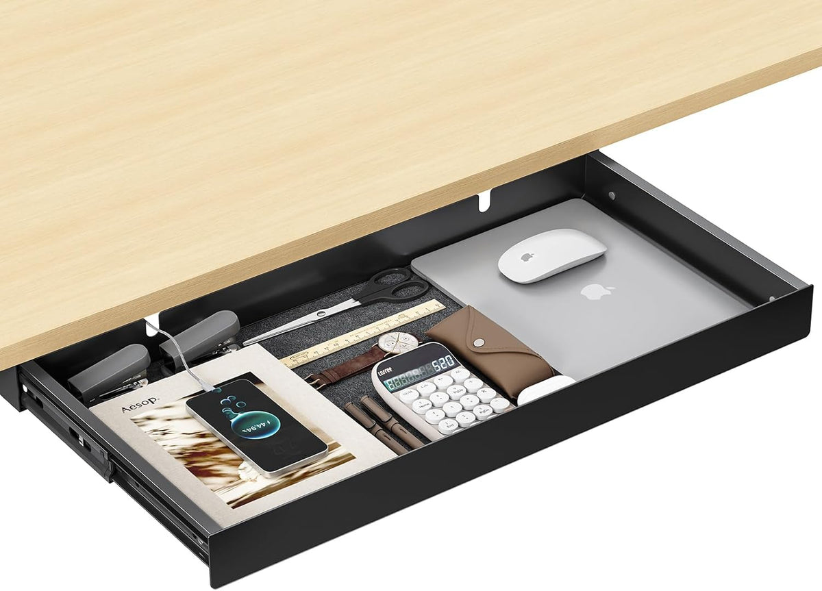 Under Desk Drawer,20.1 inch Carbon Steel Slide-Out Under Table Storage Organizer With Full Extension Ball-Bearing Slides,Undermount Drawer For Standing Desk & Home Office,Black