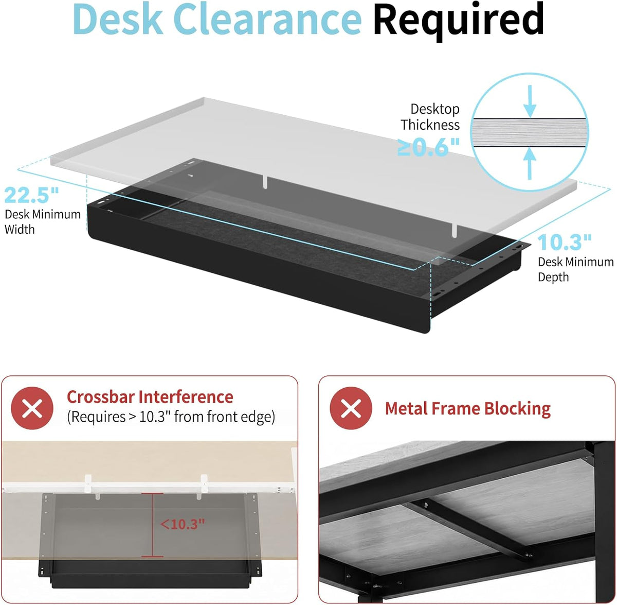 Under Desk Drawer,20.1 inch Carbon Steel Slide-Out Under Table Storage Organizer With Full Extension Ball-Bearing Slides,Undermount Drawer For Standing Desk & Home Office,Black