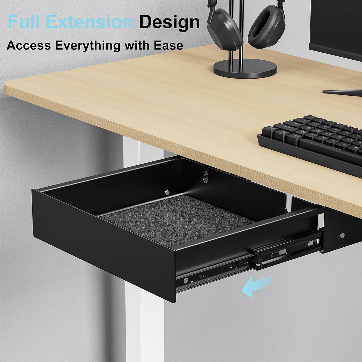 Under Desk Drawer,20.1 inch Carbon Steel Slide-Out Under Table Storage Organizer With Full Extension Ball-Bearing Slides,Undermount Drawer For Standing Desk & Home Office,Black