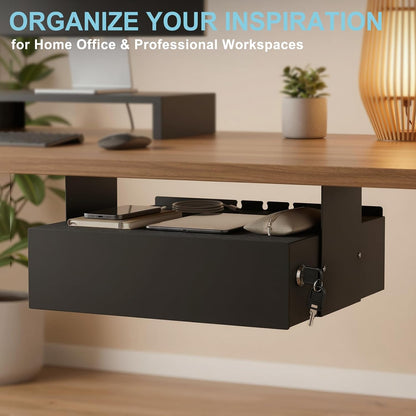 Under Desk Drawer,20.1 inch Carbon Steel Slide-Out Under Table Storage Organizer With Full Extension Ball-Bearing Slides,Undermount Drawer For Standing Desk & Home Office,Black