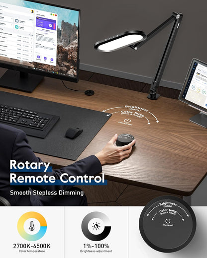 Dual-Side LED Desk Lamp with Clamp, Soft Light with Stepless Remote