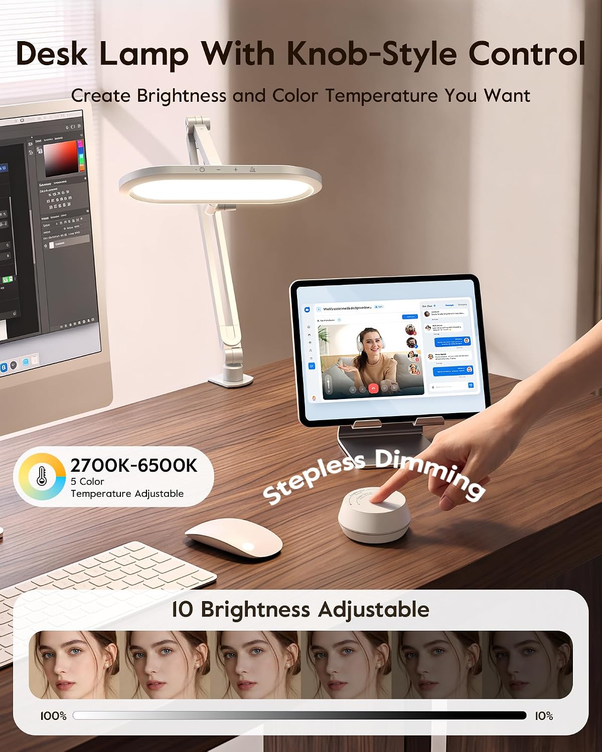 Dual-Side LED Desk Lamp with Clamp, Soft Light with Stepless Remote