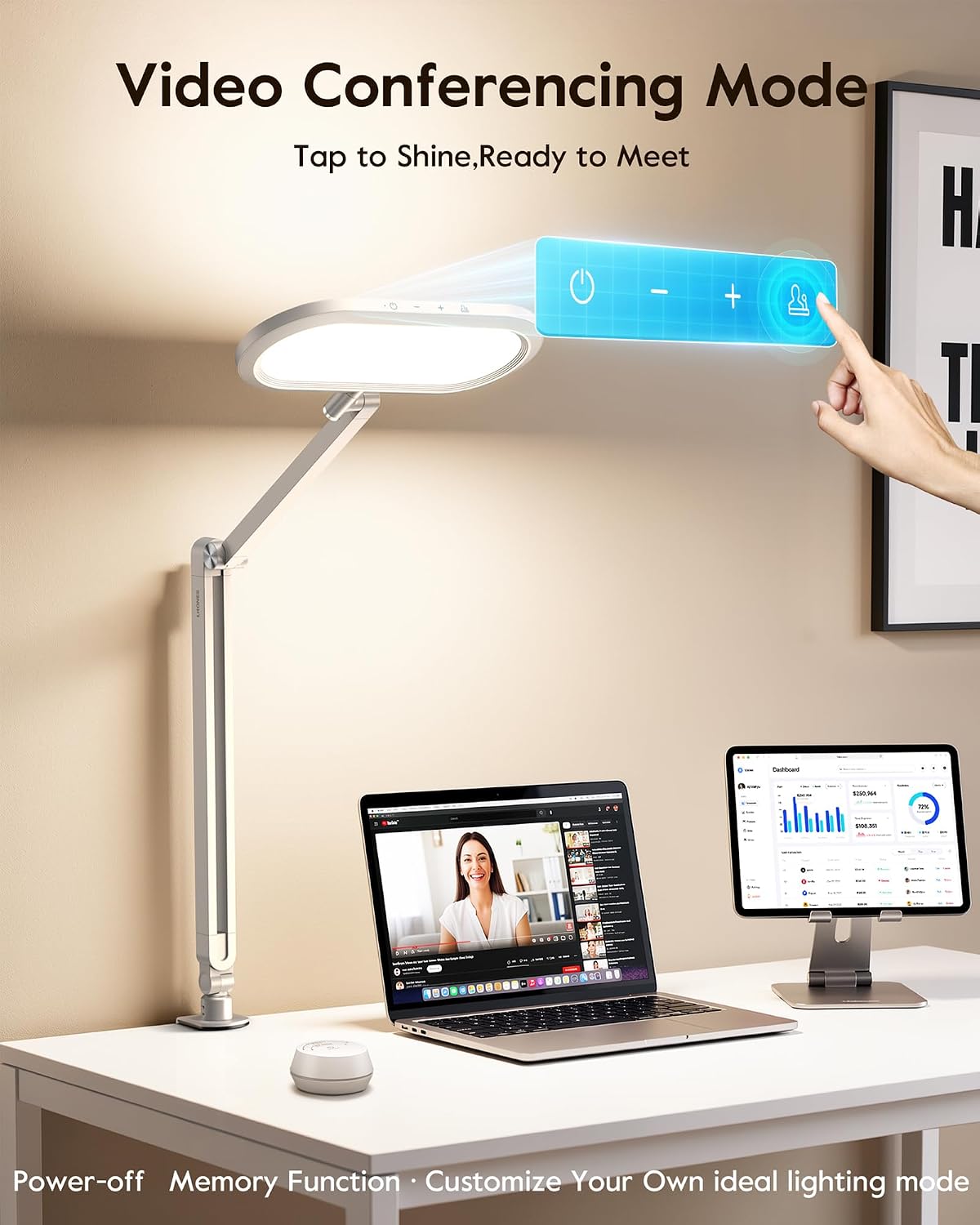 Dual-Side LED Desk Lamp with Clamp, Soft Light with Stepless Remote