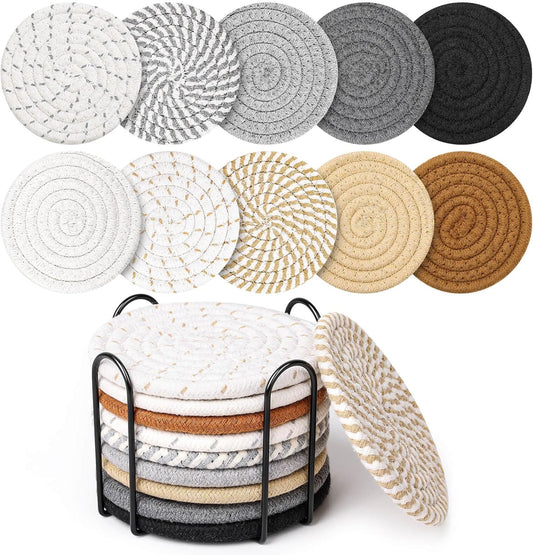 10 Pieces Coasters for Drinks, 10 Colors Absorbent Drink Coasters with Holder, Table Coaster Set for Home Decor, Apartment Decor Aesthetic, Living Room Essentials, 4.3 Inches