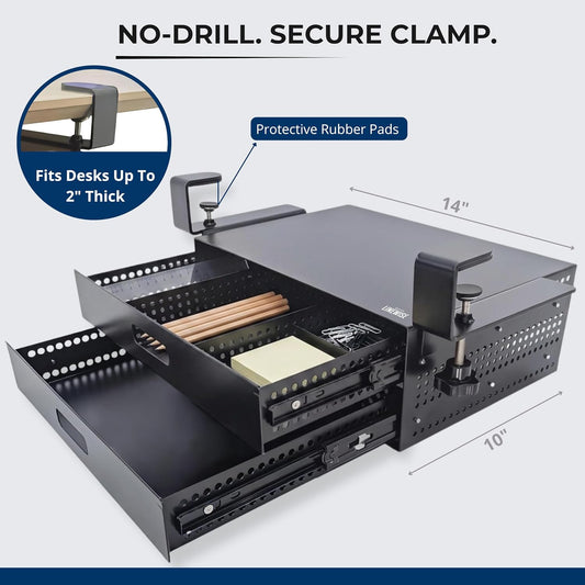 Clamp-On Under Desk Drawer Slide Out - No-Drill Metal Storage