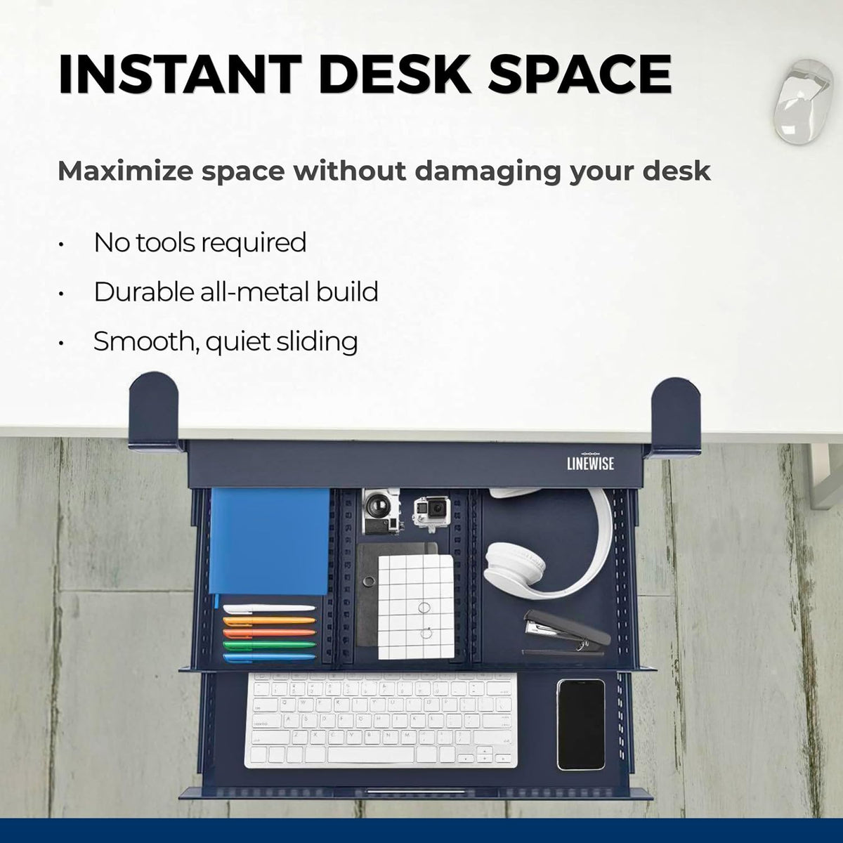Clamp-On Under Desk Drawer Slide Out - No-Drill Metal Storage