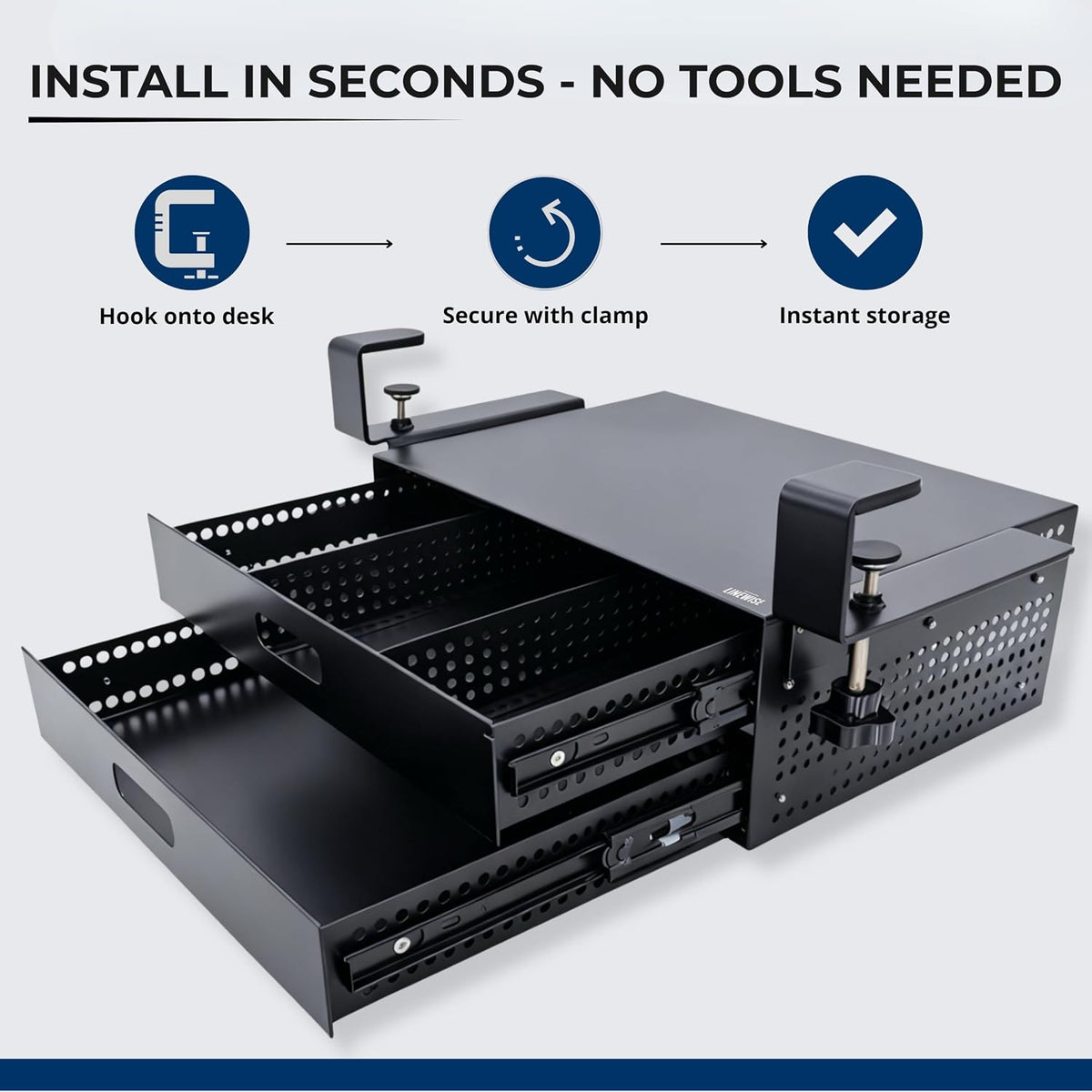 Clamp-On Under Desk Drawer Slide Out - No-Drill Metal Storage