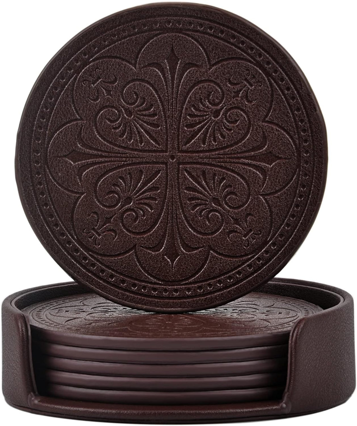 Drink Coasters,PU Leather Bar Beer Beverage Coaster for Drinks Set of 6 with Holder Coasters for Wooden Table Coffee Table Absorbent, Easy Clean Cup Coaster Easter Housewarming Gifts