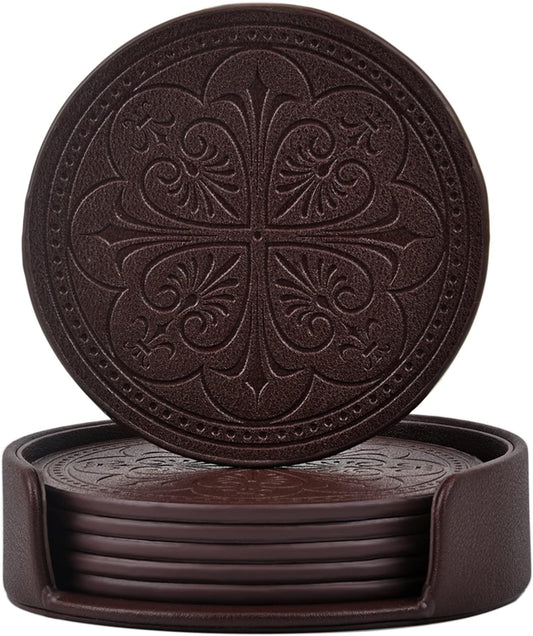Drink Coasters,PU Leather Bar Beer Beverage Coaster for Drinks Set of 6 with Holder Coasters for Wooden Table Coffee Table Absorbent, Easy Clean Cup Coaster Easter Housewarming Gifts