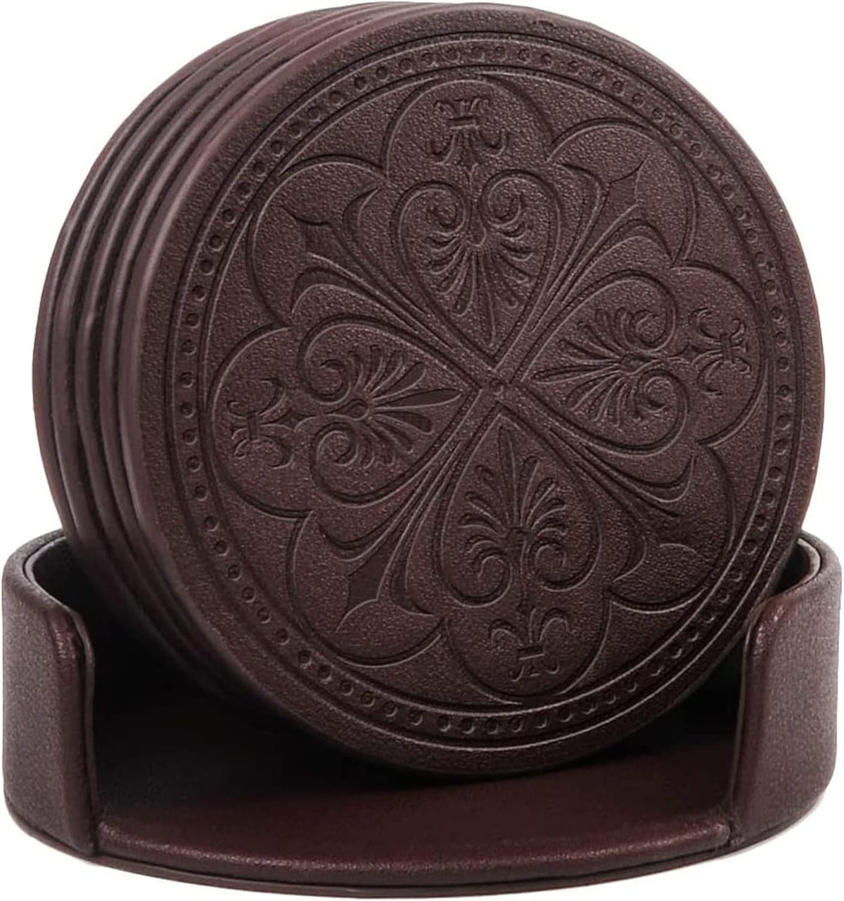 Drink Coasters,PU Leather Bar Beer Beverage Coaster for Drinks Set of 6 with Holder Coasters for Wooden Table Coffee Table Absorbent, Easy Clean Cup Coaster Easter Housewarming Gifts