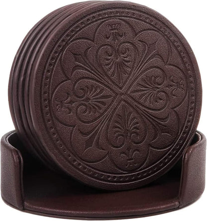 Drink Coasters,PU Leather Bar Beer Beverage Coaster for Drinks Set of 6 with Holder Coasters for Wooden Table Coffee Table Absorbent, Easy Clean Cup Coaster Easter Housewarming Gifts