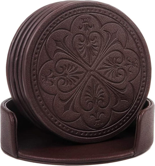 Drink Coasters,PU Leather Bar Beer Beverage Coaster for Drinks Set of 6 with Holder Coasters for Wooden Table Coffee Table Absorbent, Easy Clean Cup Coaster Easter Housewarming Gifts