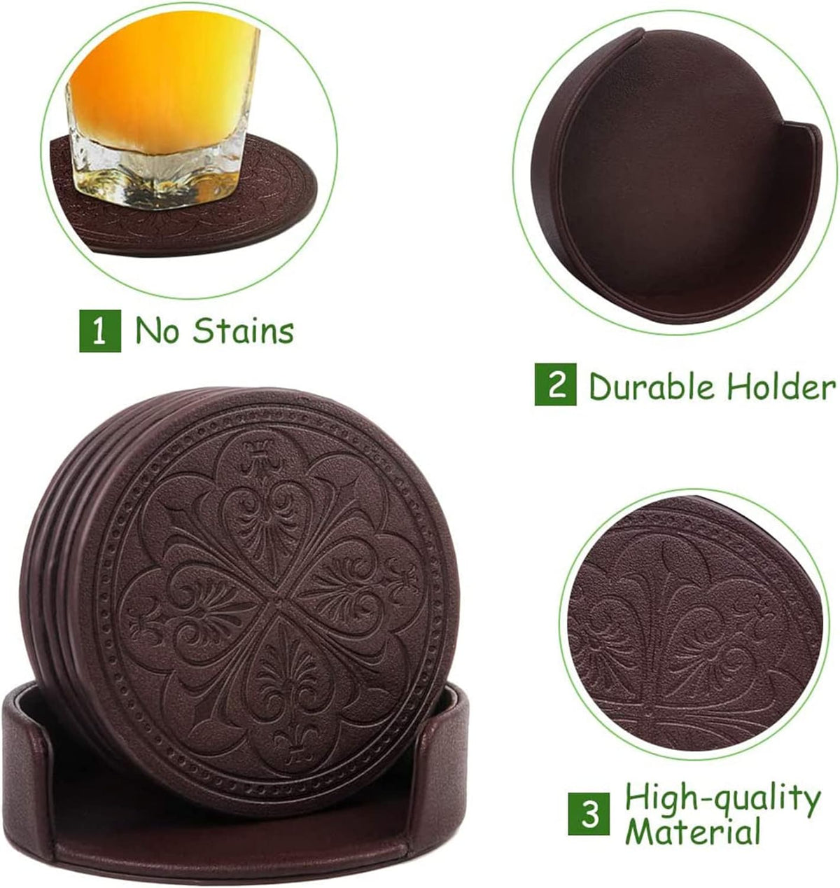 Drink Coasters,PU Leather Bar Beer Beverage Coaster for Drinks Set of 6 with Holder Coasters for Wooden Table Coffee Table Absorbent, Easy Clean Cup Coaster Easter Housewarming Gifts