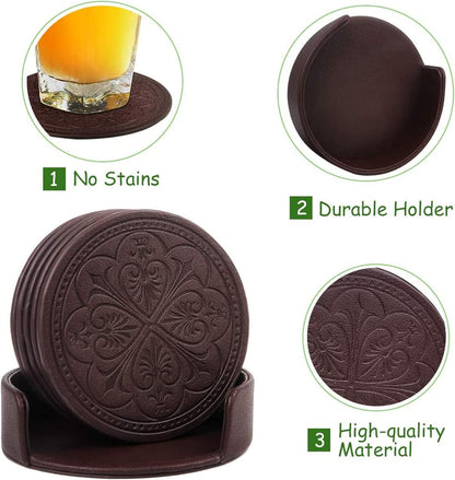 Drink Coasters,PU Leather Bar Beer Beverage Coaster for Drinks Set of 6 with Holder Coasters for Wooden Table Coffee Table Absorbent, Easy Clean Cup Coaster Easter Housewarming Gifts