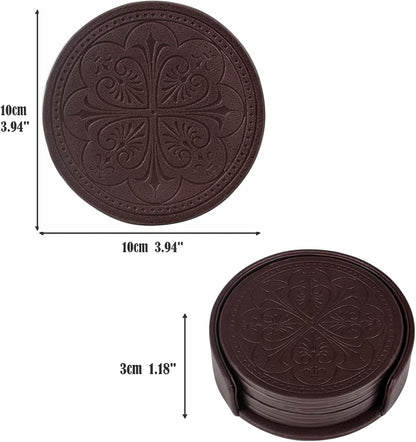 Drink Coasters,PU Leather Bar Beer Beverage Coaster for Drinks Set of 6 with Holder Coasters for Wooden Table Coffee Table Absorbent, Easy Clean Cup Coaster Easter Housewarming Gifts
