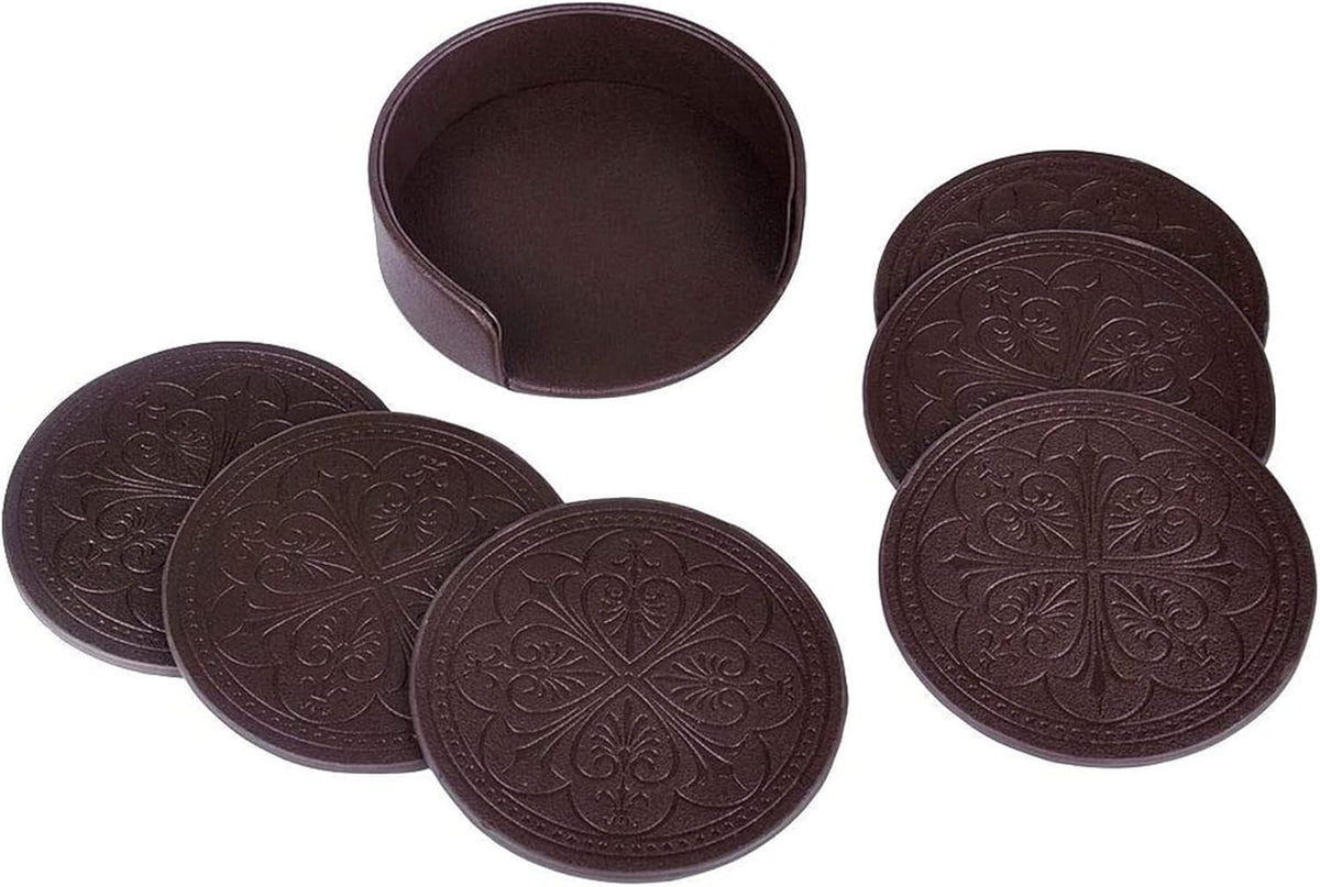 Drink Coasters,PU Leather Bar Beer Beverage Coaster for Drinks Set of 6 with Holder Coasters for Wooden Table Coffee Table Absorbent, Easy Clean Cup Coaster Easter Housewarming Gifts