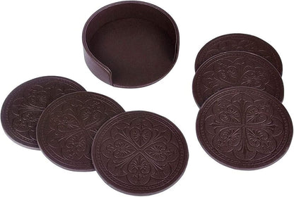 Drink Coasters,PU Leather Bar Beer Beverage Coaster for Drinks Set of 6 with Holder Coasters for Wooden Table Coffee Table Absorbent, Easy Clean Cup Coaster Easter Housewarming Gifts