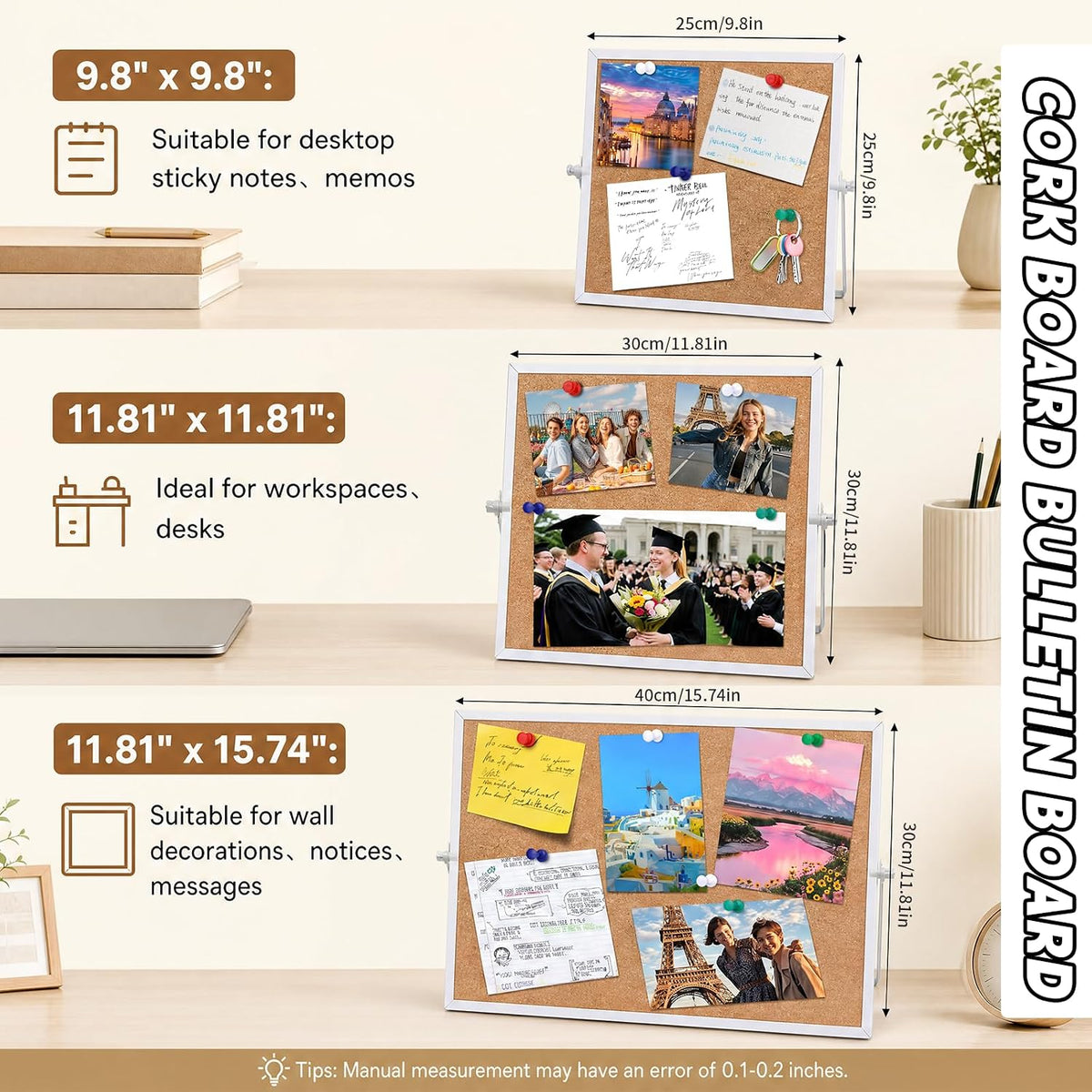 9.8"×9.8" Double Sided Cork Bulletin Board Aluminum Border Stand