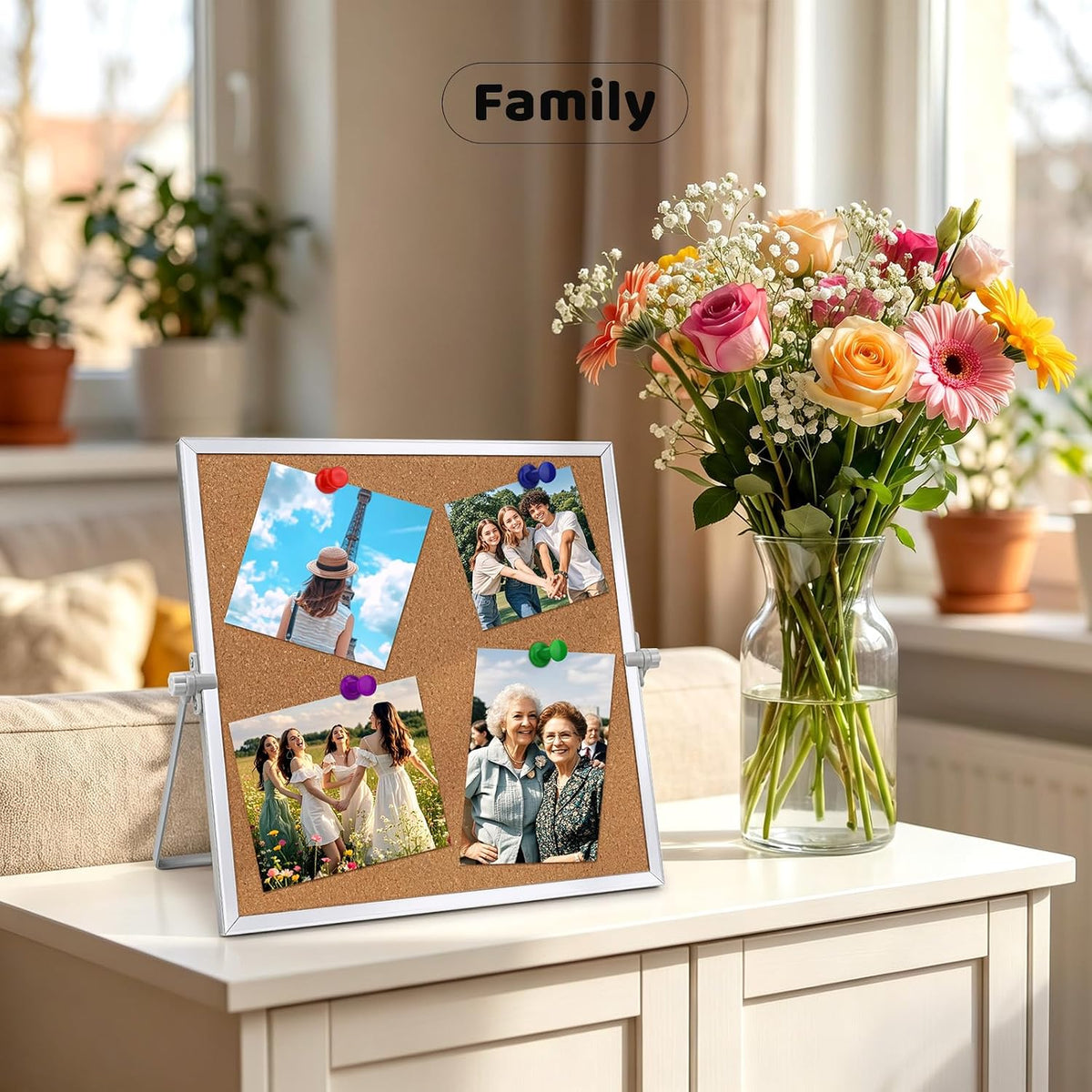 9.8"×9.8" Double Sided Cork Bulletin Board Aluminum Border Stand