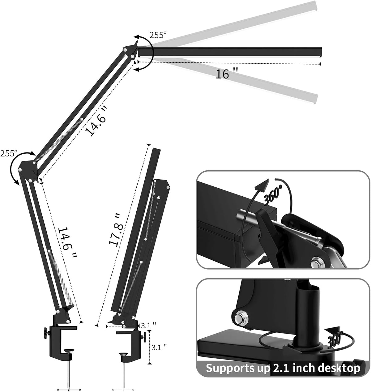 LED Desk Lamp, Manicure Table Lamp, 16" Lamp Head, Dimmable Eye-Caring Drafting Light with 3 Color Modes, 10 Brightness Levels & Adapter, Memory Function(White)